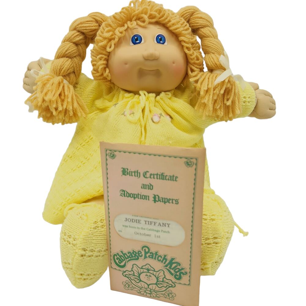 Vintage Cabbage Patch Kids Blonde Girl Doll Dimples Pigtails Yellow Dress 1985